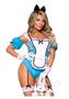 Leg Avenue Curious Miss Alice Lace Trimmed Garter Bodysuit With Sheer Panels, Puff Sleeves, Apron, And Bow Headband (4 Piece) - Large - Blue/white